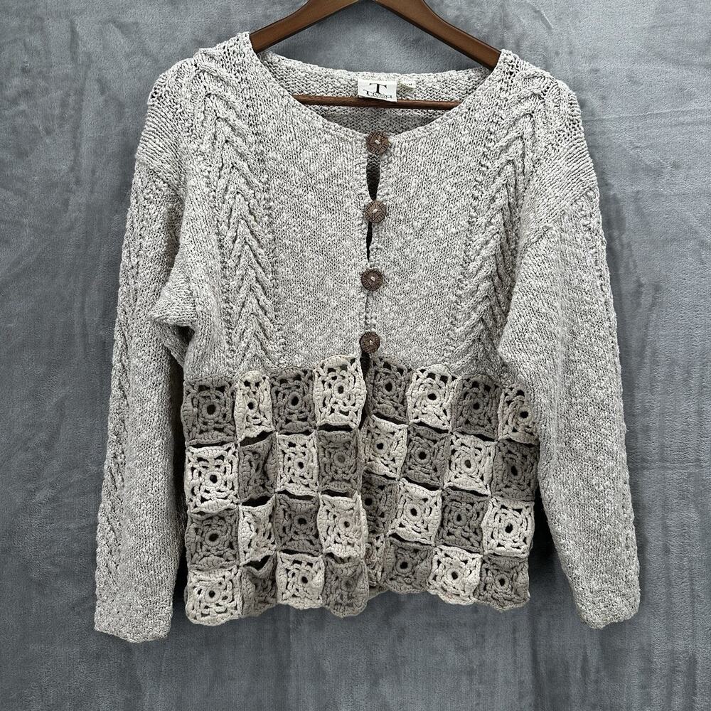 Vintage Tivoli Cardigan Granny Square Sweater Womens Small‎ Beige Chunky Grandma